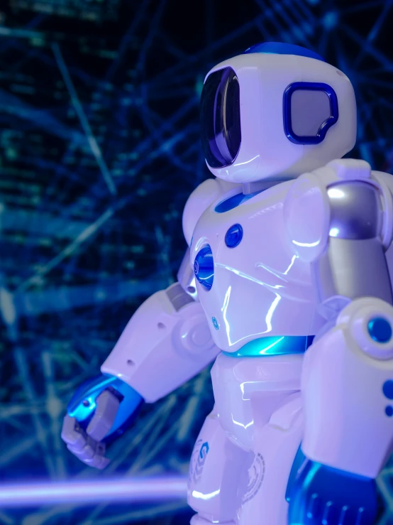 a close up of a toy robot on a table, featured on reddit, holography, wearing futuristic white suit, profile image, bright blue future, nanogirlv 2
