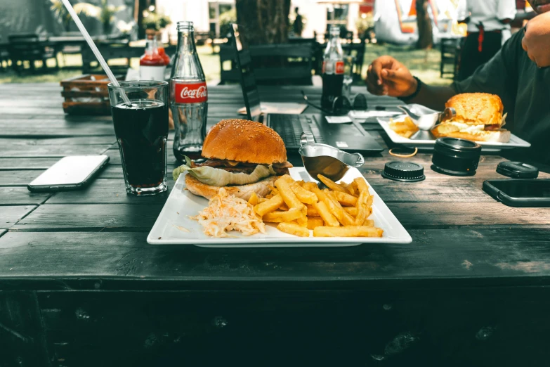 a close up of a plate of food on a table, pexels contest winner, realism, hamburgers and soda, al fresco, coke and chips on table, full body image