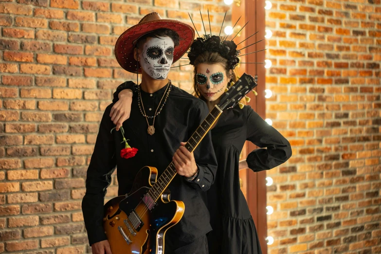 a man and a woman in day of the dead costumes, pexels contest winner, international gothic, guitarists, full shot, thumbnail, closed limbo room