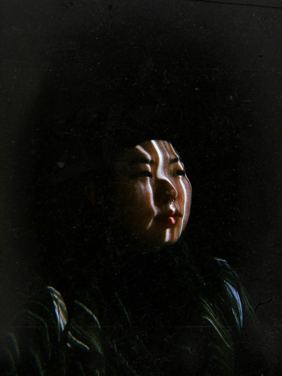 a reflection of a woman's face in a mirror, an oil painting, inspired by Zhang Xuan, unsplash, hyperrealism, on black paper, makoto sinkai, lacquer on canvas, portrait of a small