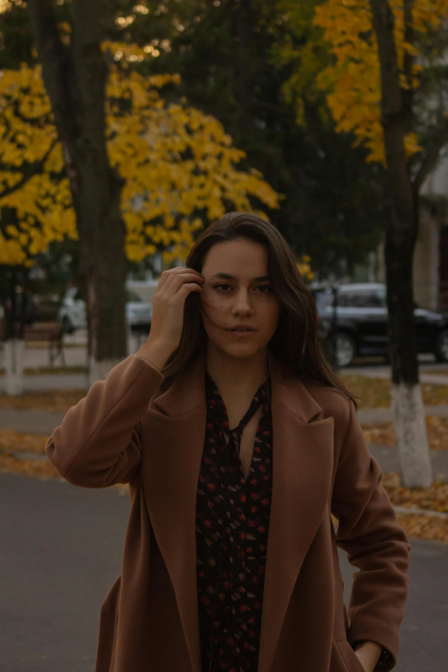 a woman walking down a street talking on a cell phone, an album cover, by Attila Meszlenyi, pexels contest winner, realism, autumnal, brown hair, 🤤 girl portrait, at a park