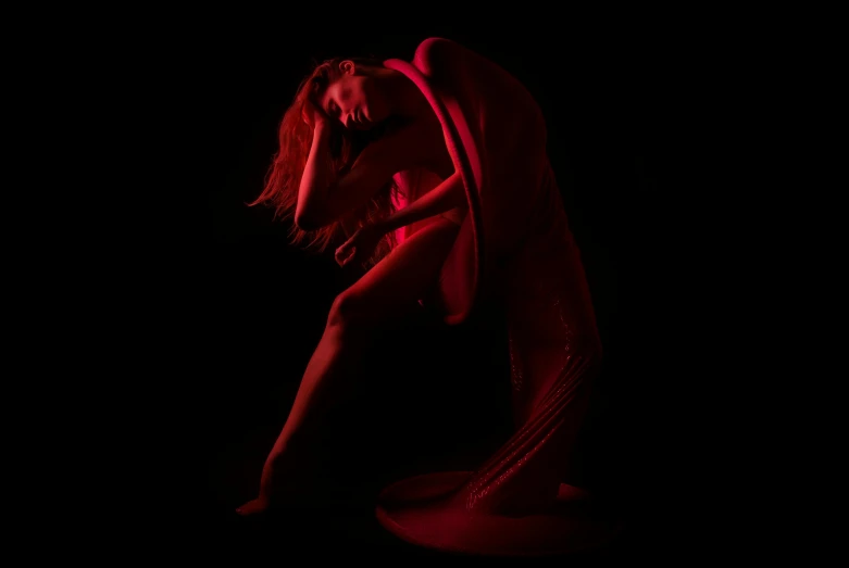 a woman standing next to a horse in the dark, a statue, inspired by Ignacy Witkiewicz, art photography, red fluid, playful pose of a dancer, porcelain holly herndon statue, red and white neon