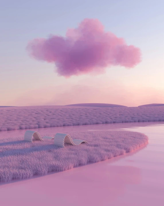 a herd of sheep standing on top of a lush green field, a 3D render, by Filip Hodas, pink tree beside a large lake, marshmallow, cafe in the clouds, photography of kurzgesagt