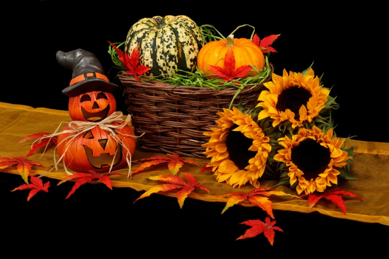 a basket of pumpkins and sunflowers on a table, pixabay, vanitas, avatar image, costumes, ad image