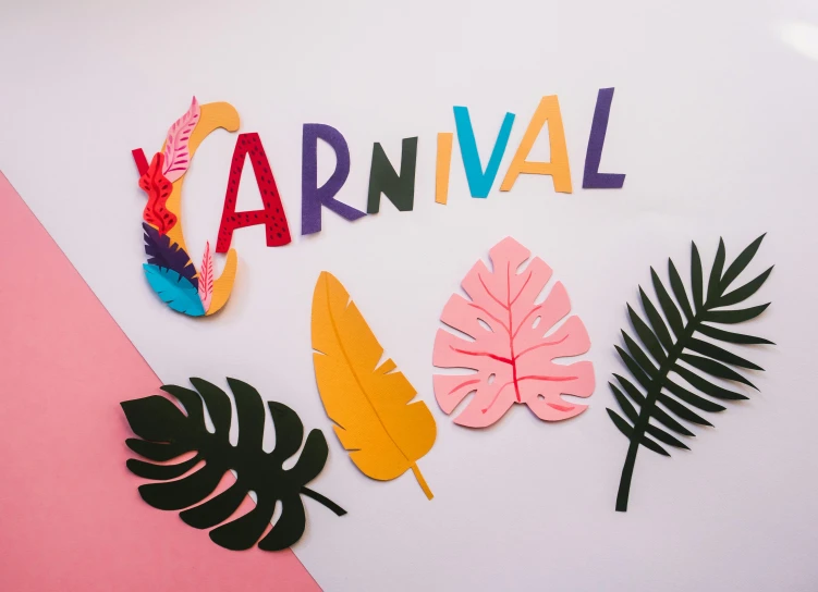 a sign that says carnival on a pink and white background, by Julia Pishtar, trending on pexels, large leaves, kirigami, various items, camp