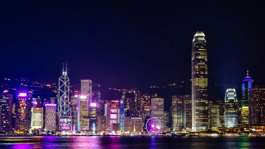 the hong skyline is lit up at night, pexels contest winner, avatar image, high resolution photo, multicoloured, panoramic