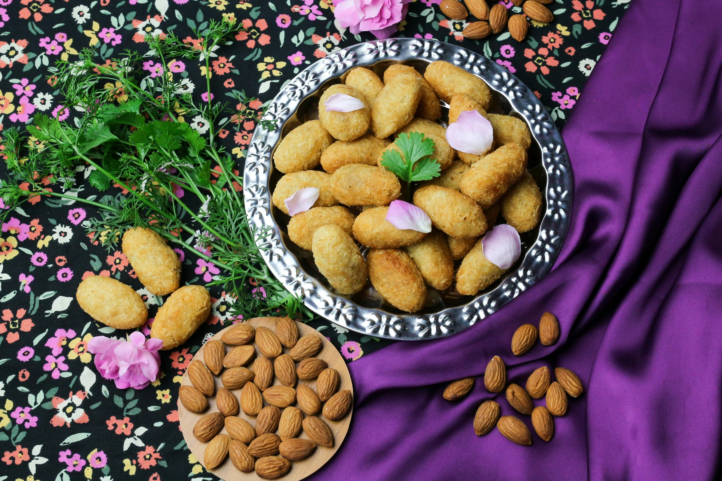 a bowl of food sitting on top of a table, by Julia Pishtar, dau-al-set, almond blossom, nugget, background image, cuisine