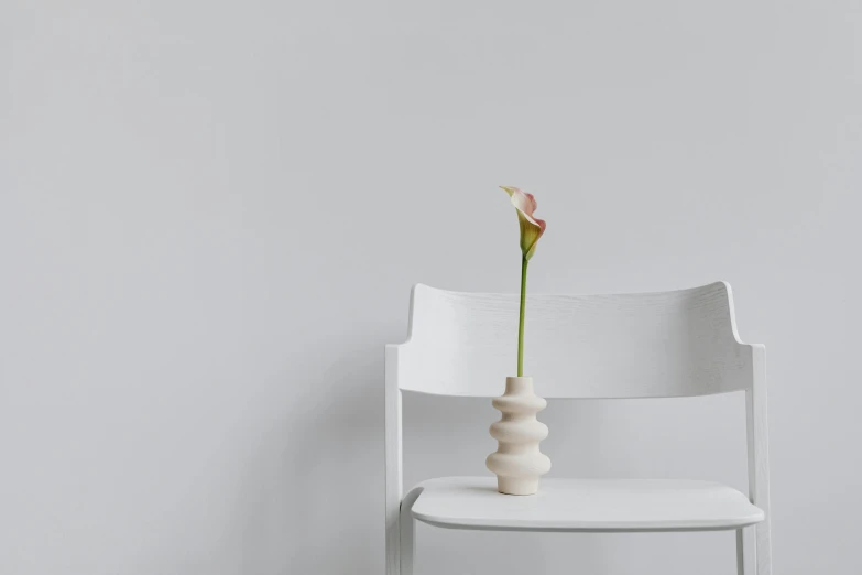 a single flower sitting on top of a white chair, a marble sculpture, inspired by Giorgio Morandi, unsplash, minimalism, the flower tower, organic ceramic white, looking across the shoulder, small