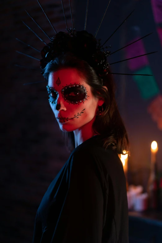 a woman with a skull make up in a dark room, pexels, morena baccarin, holiday, slide show, lights on