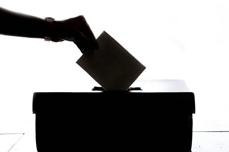 a person putting a piece of paper into a box, by Matija Jama, pexels contest winner, conceptual art, black silhouette, presidental elections candidates, square, ultra - realistic