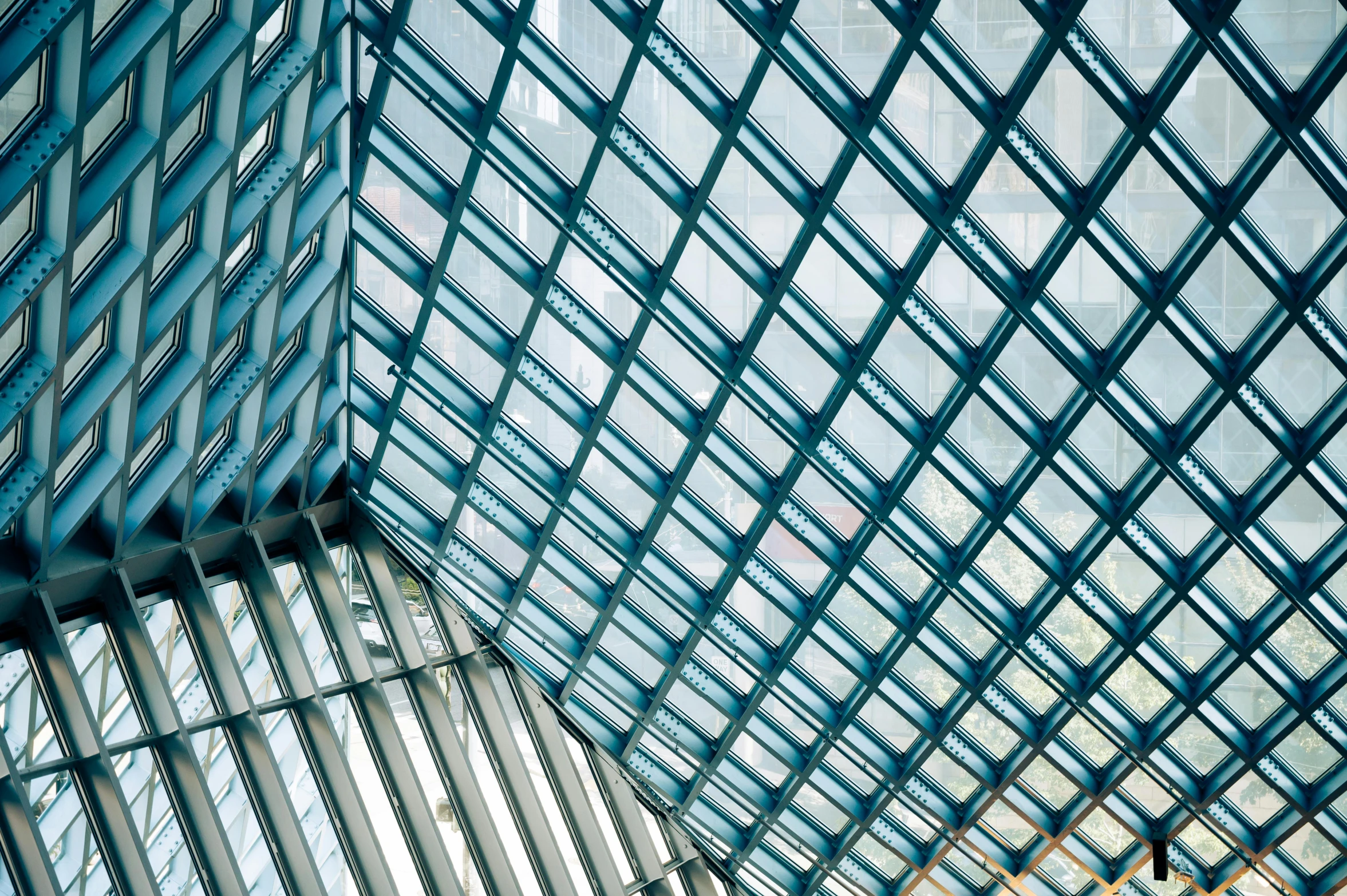 the inside of a building with a glass roof, by Carey Morris, pexels contest winner, visual art, square lines, teals, zig zag, library interior background