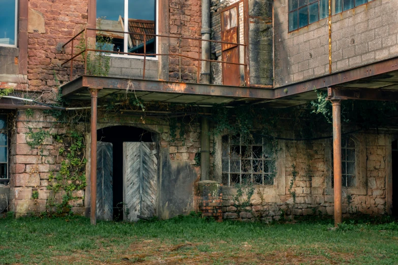 a red fire hydrant sitting on top of a lush green field, a detailed matte painting, inspired by Elsa Bleda, pexels contest winner, renaissance, in a derelict house, brutalist courtyard, seen from outside, nadav kander