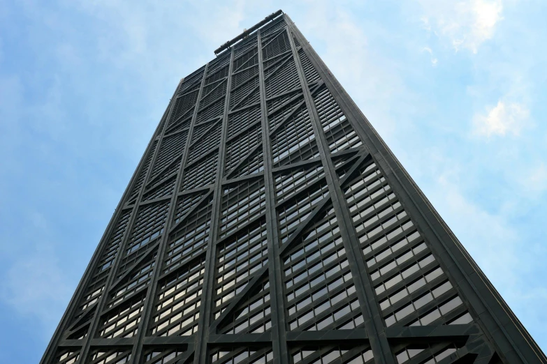 a very tall building with a lot of windows, an album cover, inspired by Cheng Jiasui, pexels contest winner, brutalism, chicago, black steel buildings, rem koolhaas, view from bottom to top