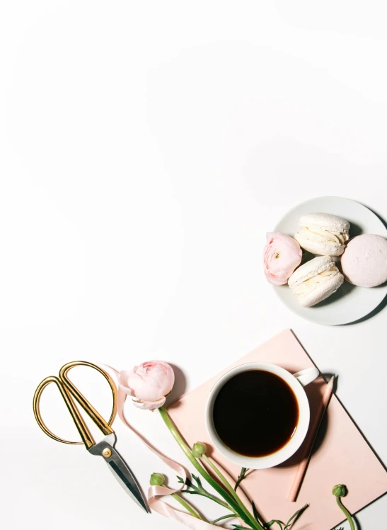 a laptop computer sitting on top of a desk next to a cup of coffee, trending on unsplash, minimalism, macaron, 9 9 designs, white and pink, set against a white background