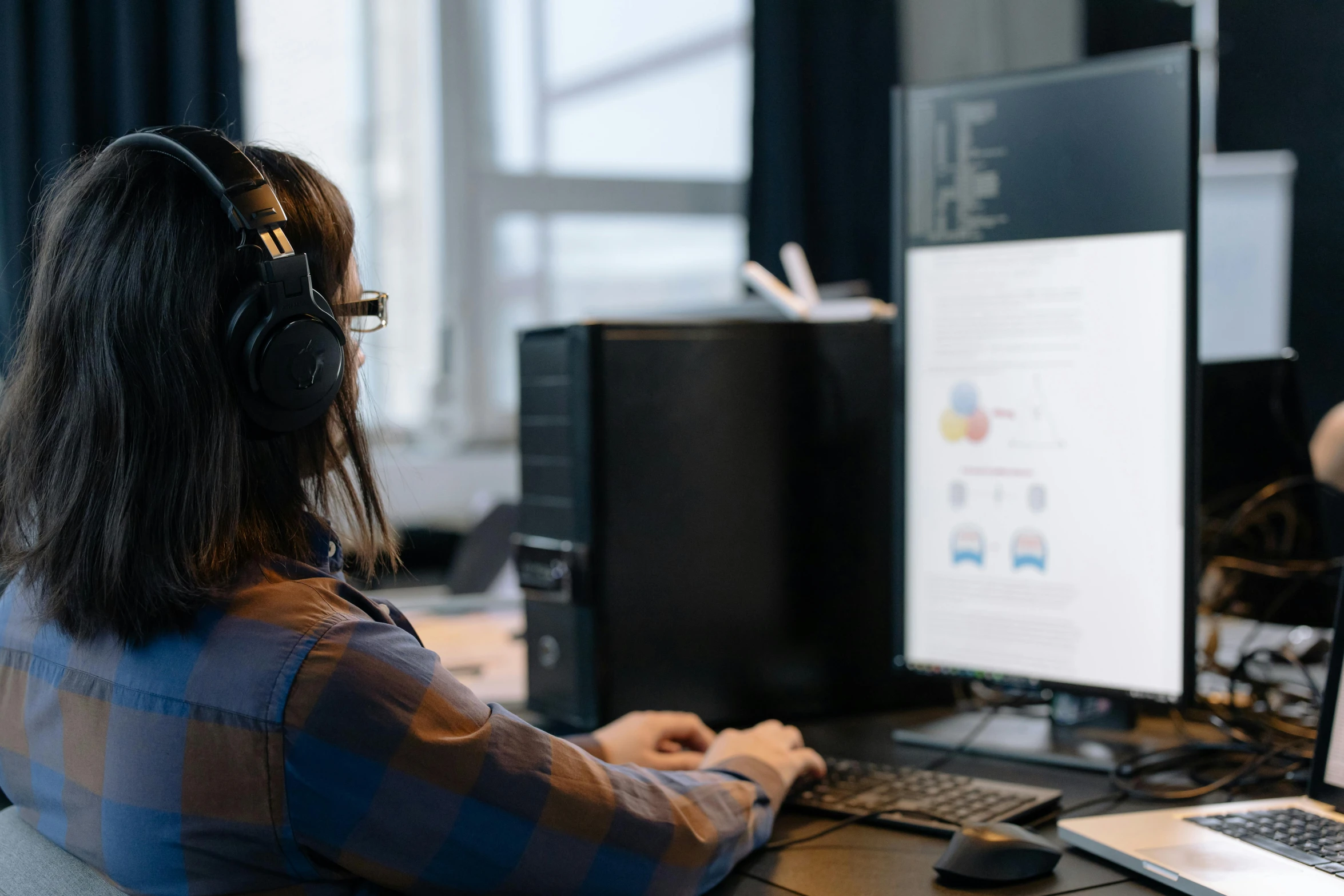 a woman wearing headphones sitting in front of a computer, trending on unsplash, pixel art, developers, wizard sits reading at a desk, 9 9 designs, gaming headset