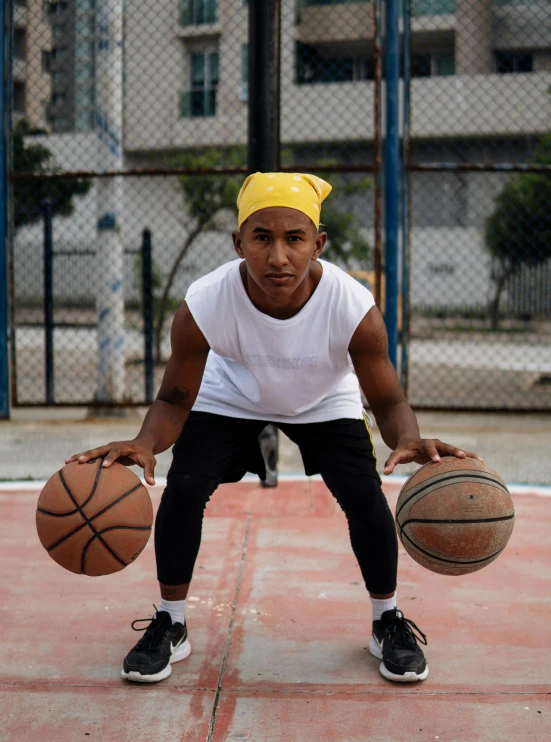 a man standing on a basketball court holding a basketball, trending on dribble, gang saints wear yellow bandanas, profile image, peruvian looking, working out