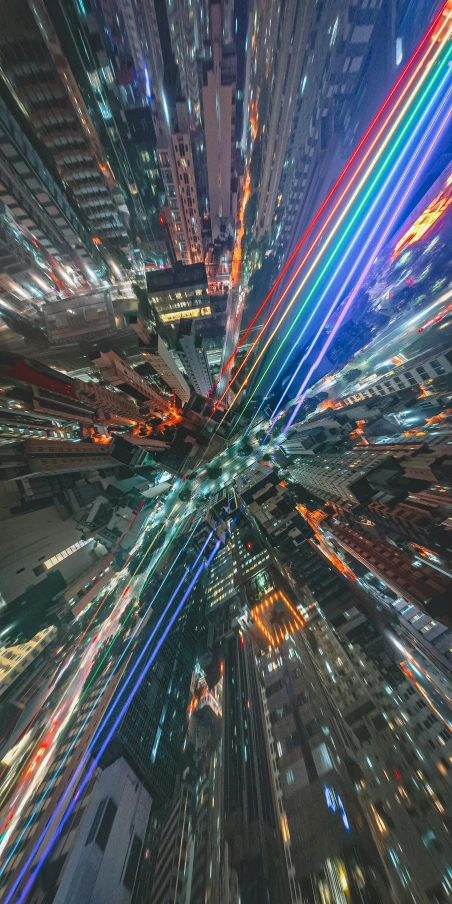 an aerial view of a city at night, inspired by Mike "Beeple" Winkelmann, unsplash contest winner, futurism, colorful wires, zoom blur, perspective from below, japanese downtown