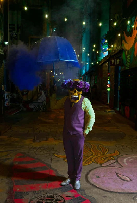 a person standing in the middle of a street holding an umbrella, jester themed, purple and yellow lighting, standing in a cantina, smoke grenades