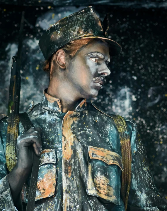 a statue of a soldier holding a rifle, a colorized photo, inspired by Gordon Parks, art photography, body painted with black fluid, mining, lgbtq, slide show