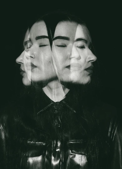 a couple of women standing next to each other, a black and white photo, inspired by Anna Füssli, pexels contest winner, surrealism, korean symmetrical face, gong li, person made out of glass, profile pic