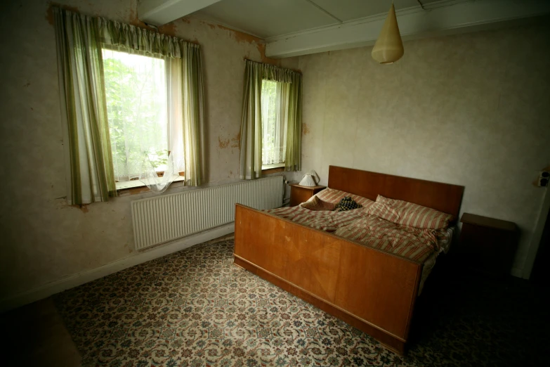 a bed sitting in a bedroom next to a window, an album cover, by Jan Tengnagel, flickr, an abandoned old, an escape room in a small, photographed for reuters, square