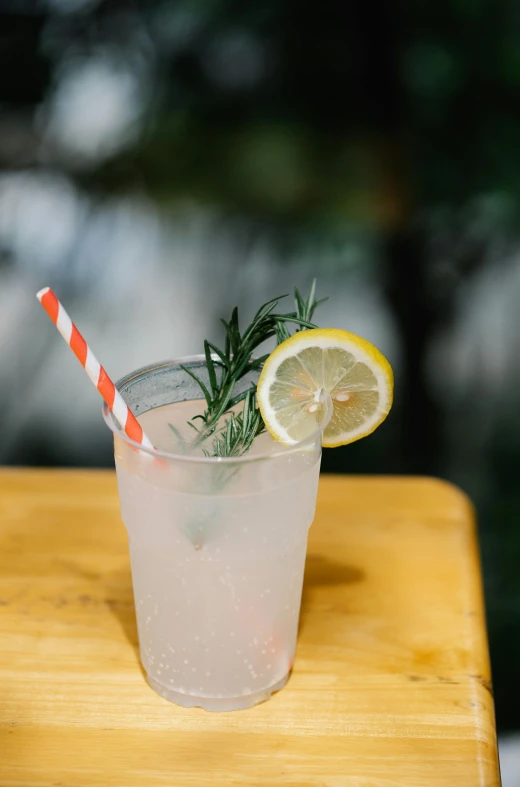 a drink sitting on top of a wooden table, lemonade, botanicals, daily specials, stems