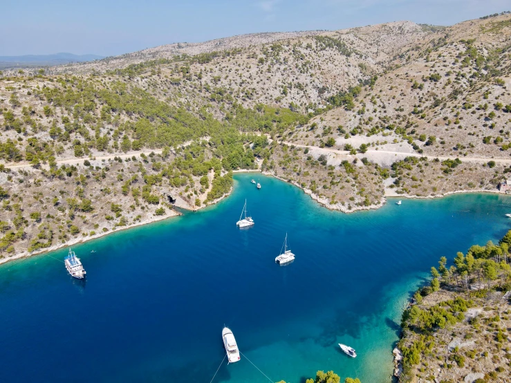 a group of boats floating on top of a body of water, by Julian Allen, pexels contest winner, les nabis, croatian coastline, lush surroundings, dezeen, thumbnail