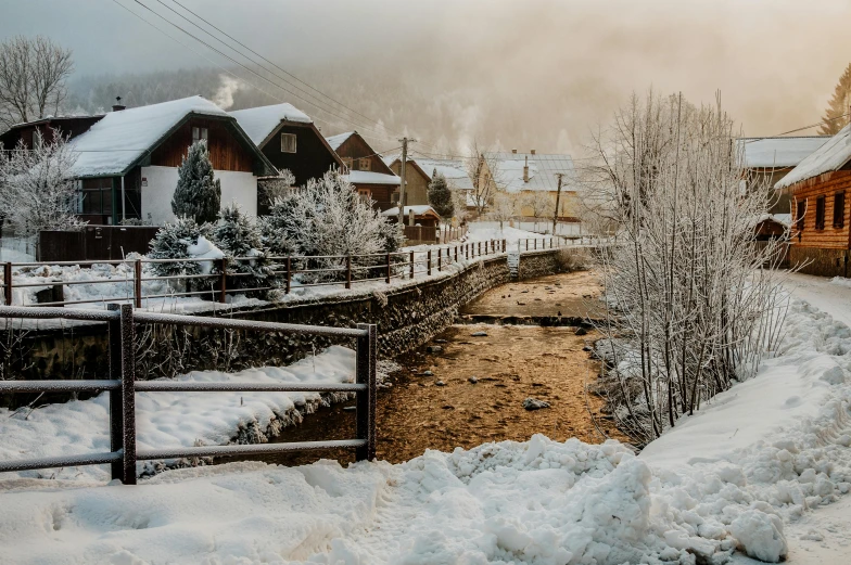 a small village covered in snow next to a river, pexels contest winner, hurufiyya, fan favorite, vintage vibe, slovakia, white steam on the side