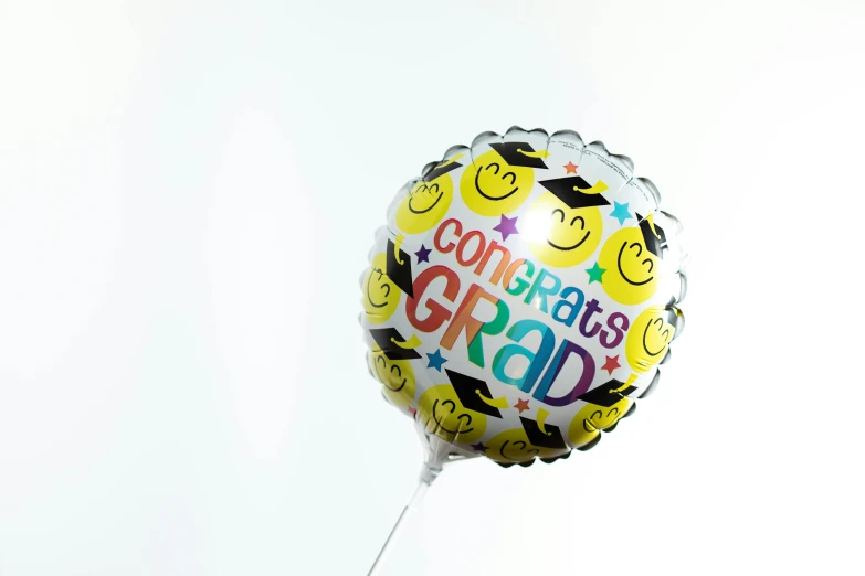 a close up of a person holding a balloon, academic art, smiley, foil, gradins view, product shot
