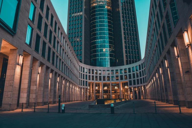 a couple of tall buildings sitting next to each other, pexels contest winner, berlin secession, ultrawide cinematic, a wide open courtyard in an epic, youtube thumbnail, pizza skyscrapers