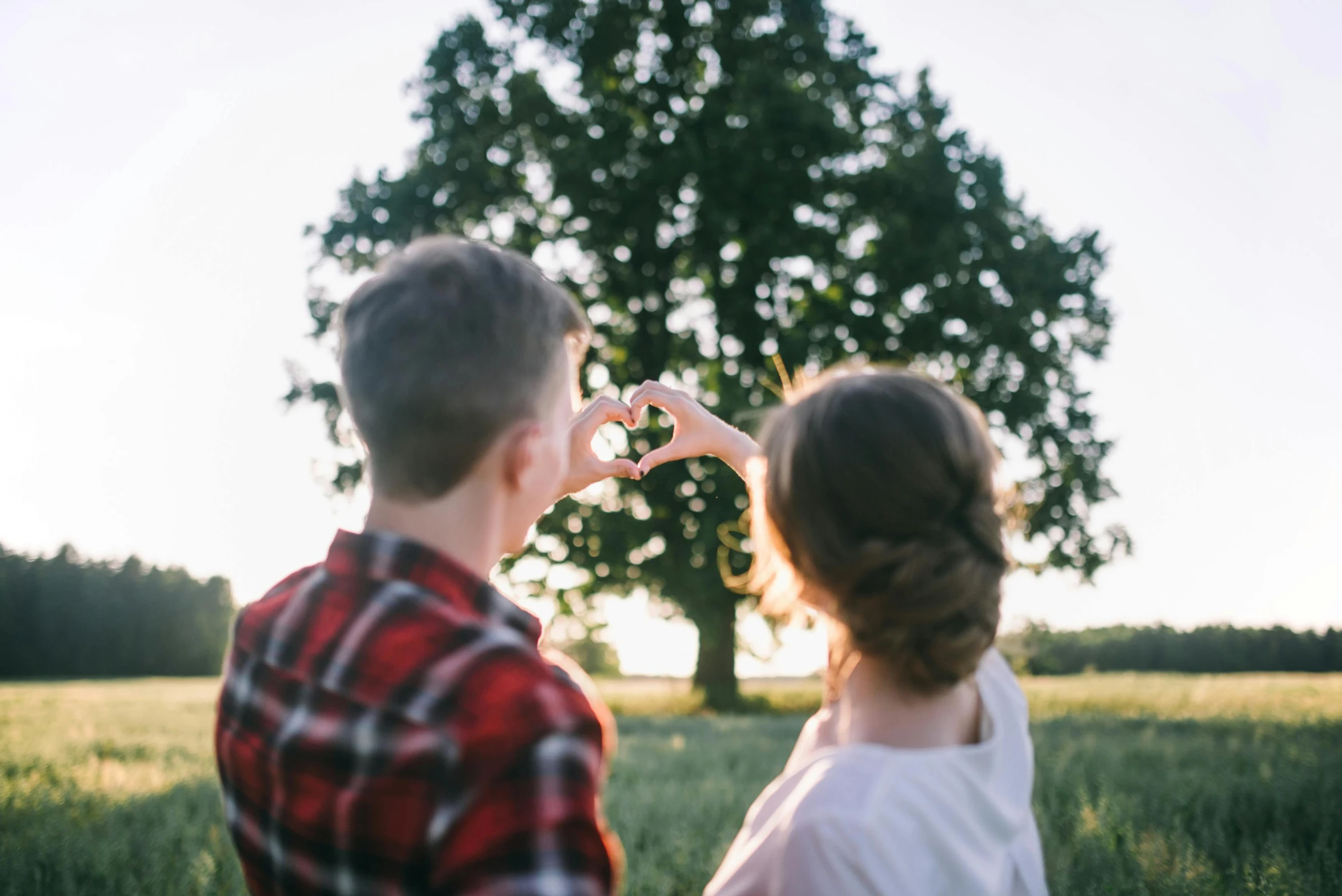 a couple standing in a field making a heart with their hands, pexels contest winner, sitting under a tree, profile image, instagram photo, ad image