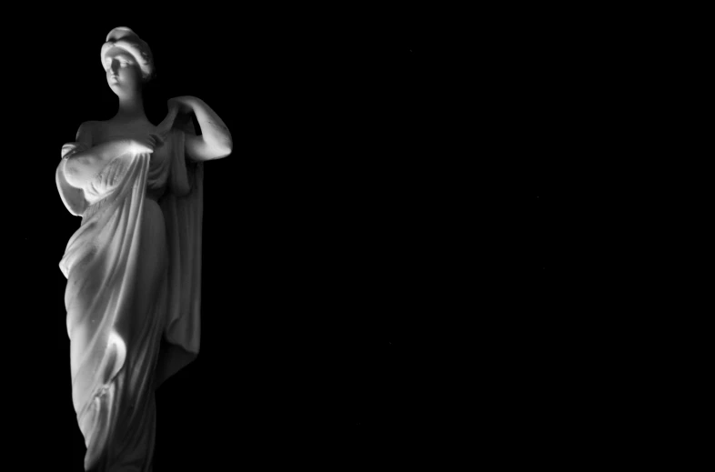 a black and white photo of a statue, a statue, inspired by Antonio Canova, art photography, black backgrounds, desktop wallpaper, background image, night photo