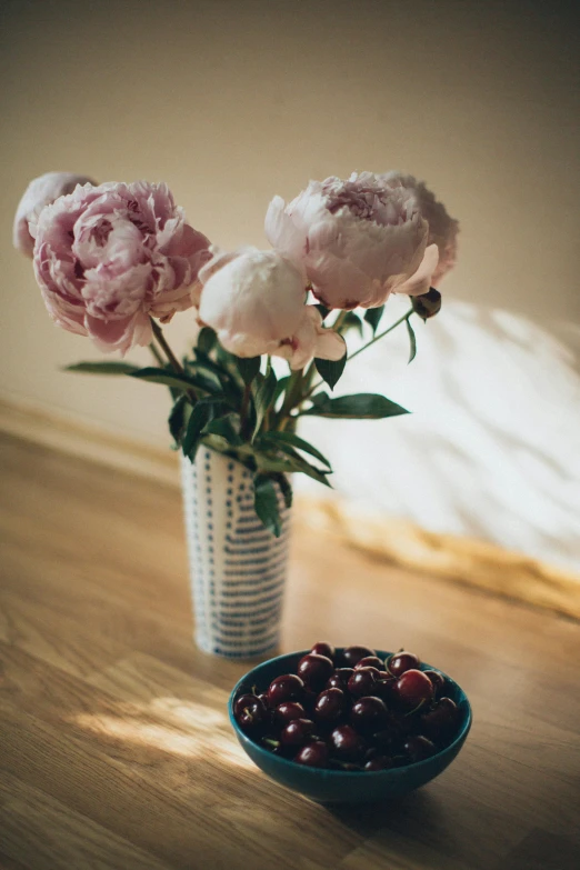 a vase filled with pink flowers next to a bowl of cherries, a still life, unsplash, peony flower, great light, snacks, “berries