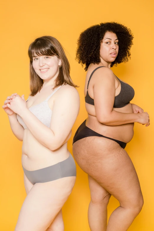 two women in underwear standing next to each other, plus-sized, profile image, gray skin, fit pic