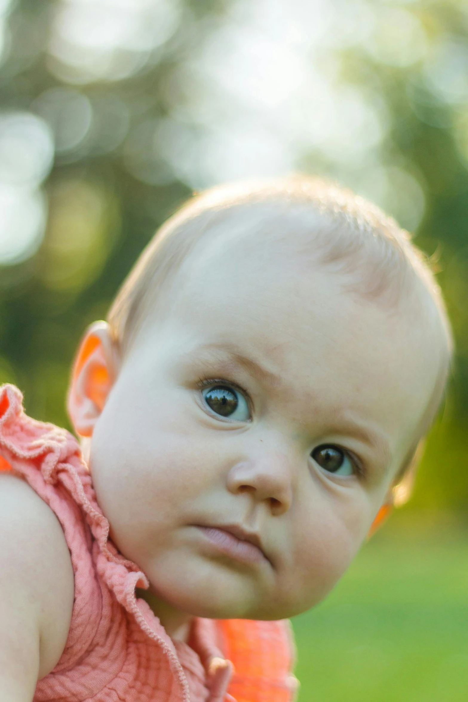 a baby is playing with a frisbee in the grass, by Sven Erixson, unsplash, backlit beautiful face, alexa grace, closeup headshot, soft light - n 9