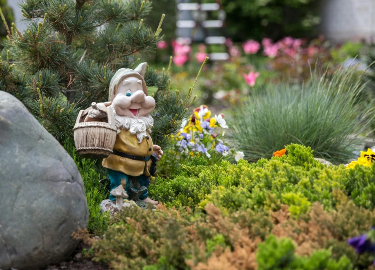 a garden gnome with a basket of flowers, a statue, by Arnie Swekel, unsplash, disney pixar weta, whistler, gardens with flower beds, panels