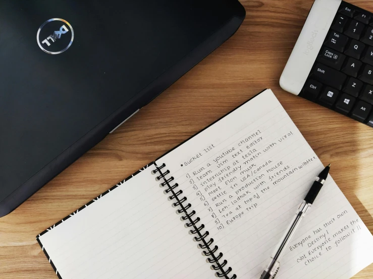 a notebook sitting on top of a wooden table next to a laptop computer, a photo, by Robbie Trevino, list, outline, well list, thumbnail