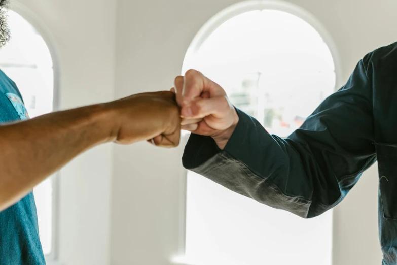 two men shaking hands in a room, by Carey Morris, pexels contest winner, renaissance, fist training, background image, varying ethnicities, clenching