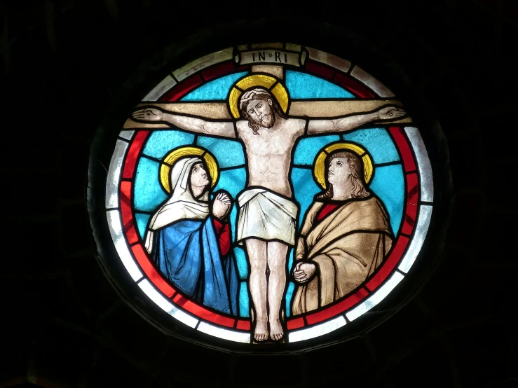 a stained glass window of jesus on the cross, a cartoon, by Matthias Stom, pexels, renaissance, round, adam and eve, reliquary, alexandre bourlet