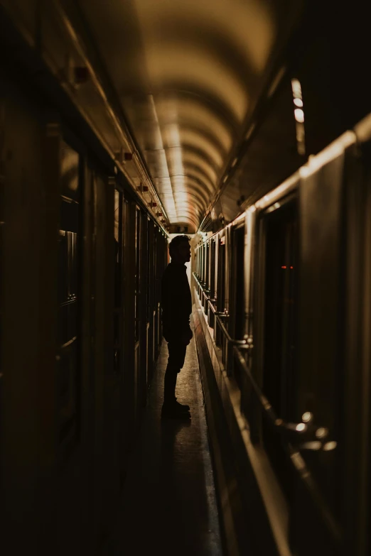 a person is walking down a long hallway, by Elsa Bleda, unsplash contest winner, man looks out of a train window, cabin lights, profile image, trains