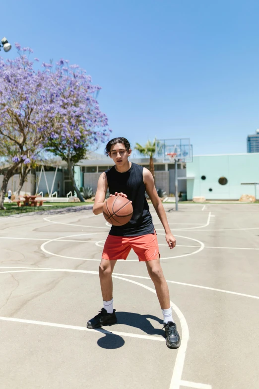 a man standing on a basketball court holding a basketball, by Gavin Hamilton, dribble contest winner, avan jogia angel, profile image, backyard, confident stance