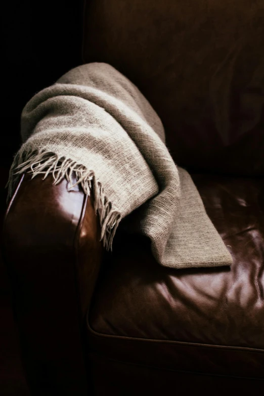 a brown leather chair with a blanket on top of it, hurufiyya, tweed colour scheme, promo image, hemp, in 2 0 1 5