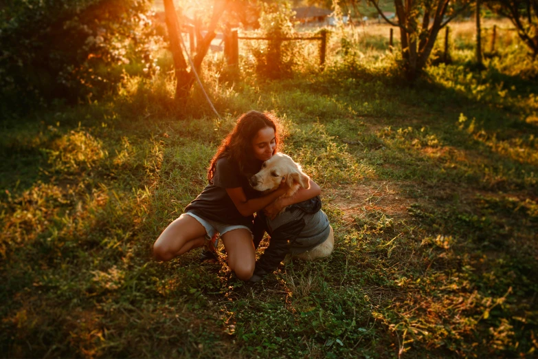 a woman sitting in the grass with a dog, pexels contest winner, warm glow, hugging each other, avatar image