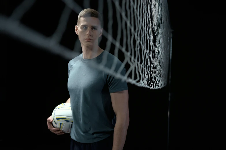 a man holding a soccer ball in front of a net, hyperrealism, wearing a volleyball jersey, substance 3 d, shot on sony a 7, thin young male