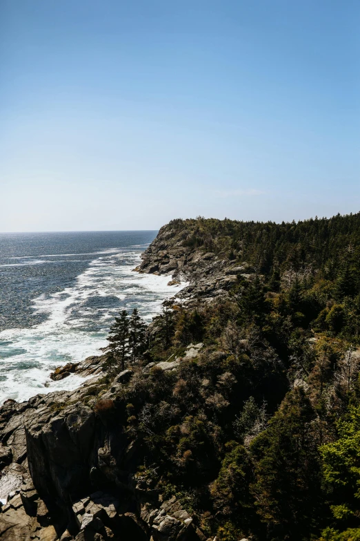 a lighthouse sitting on top of a cliff next to the ocean, boreal forest, high above treeline, ocean spray, rock arcs