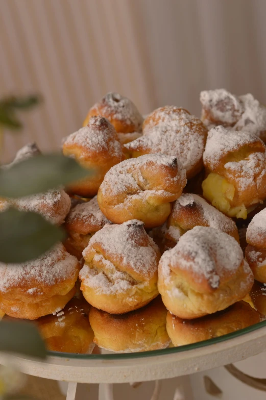 a plate filled with donuts covered in powdered sugar, inspired by Ödön Márffy, reddit, bouquet, frontal close up, 15081959 21121991 01012000 4k, silver small small small glasses