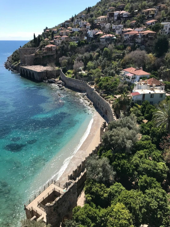 a view of a beach from the top of a hill, renaissance, byzantine ruins, looking down a cliff, slide show, no crop