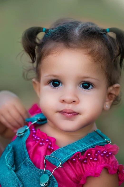 a close up of a child wearing a dress, a portrait, by Lilia Alvarado, pexels contest winner, teal and pink, mixed race, toddler, full frame image