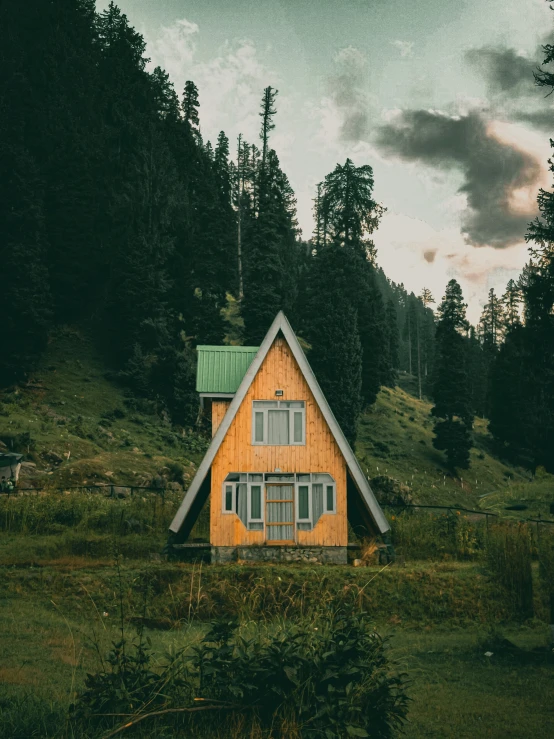 a house sitting on top of a lush green hillside, pexels contest winner, islamic, in a cabin, profile image, 90s photo