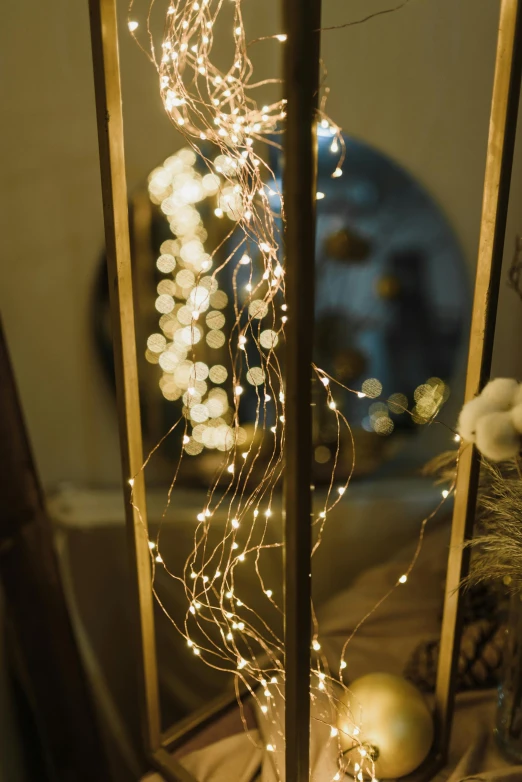 a lighted lantern sitting on top of a table, twisting organic tendrils, with lots of glittering light, oled lights in corners, detail shot